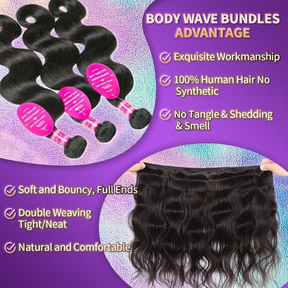 Body Wave Human Hair Bundles with Closure 22 24 26 + 20 Inches Virgin Remy - Picture 4 of 7
